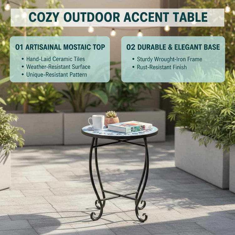 patio Blue Mosaic Round Side Table with tiled top, Artisan Exclusive Collection, reinforced steel frame with X-brace.