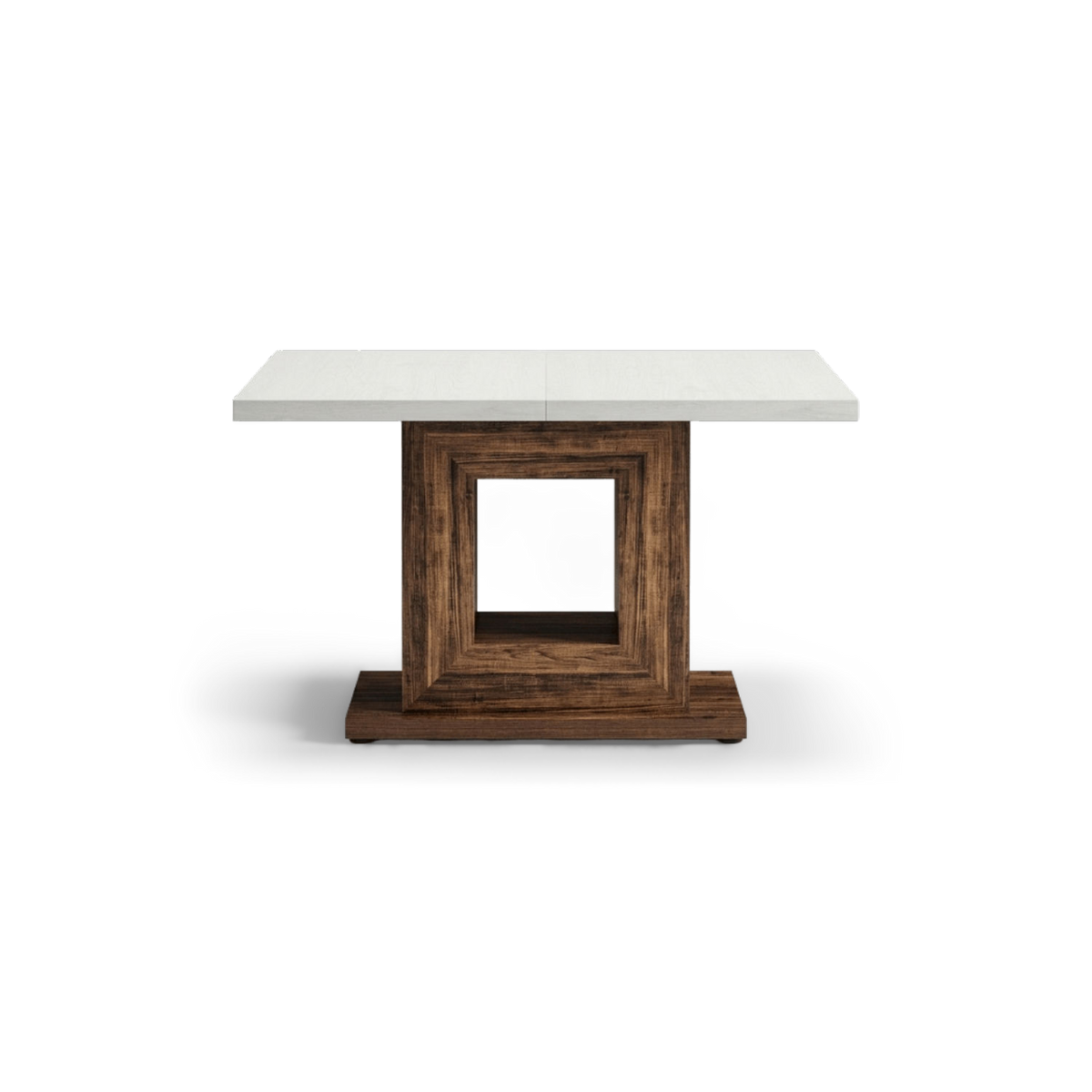 Pedestal dining table with a 47 inch white top and framed brown base, front view (plain studio)