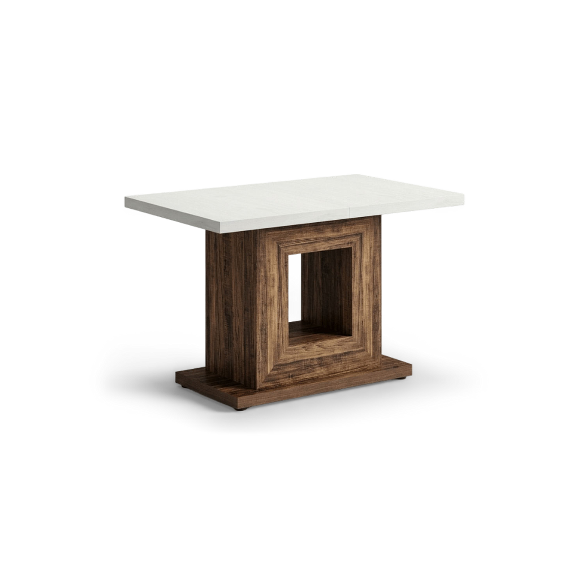 Pedestal dining table with a white top and framed brown base, seen at a three-quarter angle (plain studio)