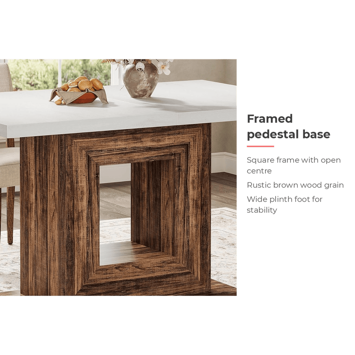 Framed rustic brown pedestal base of the small kitchen table (feature callout)