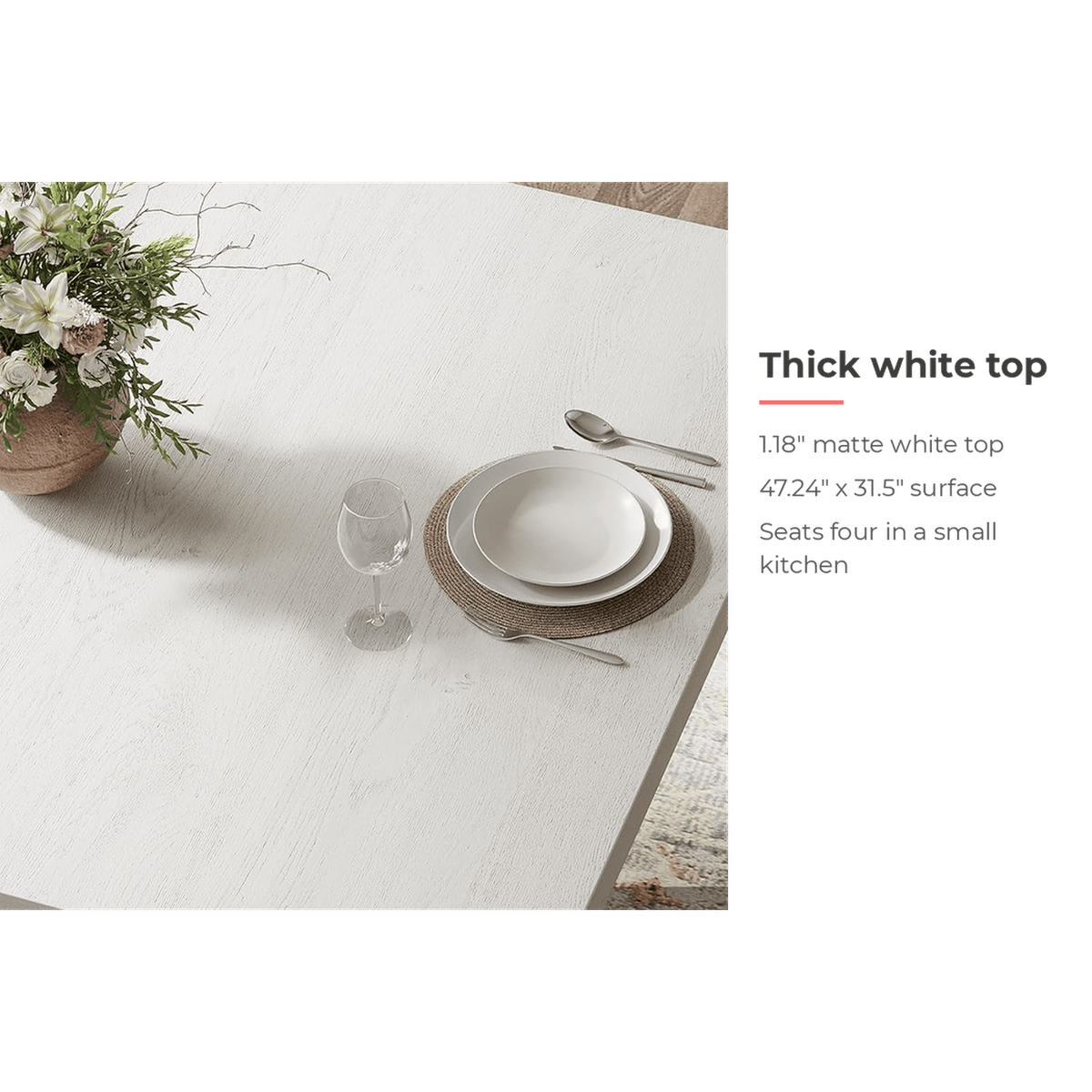 Thick 1.18 inch white top of the pedestal dining table (feature callout)