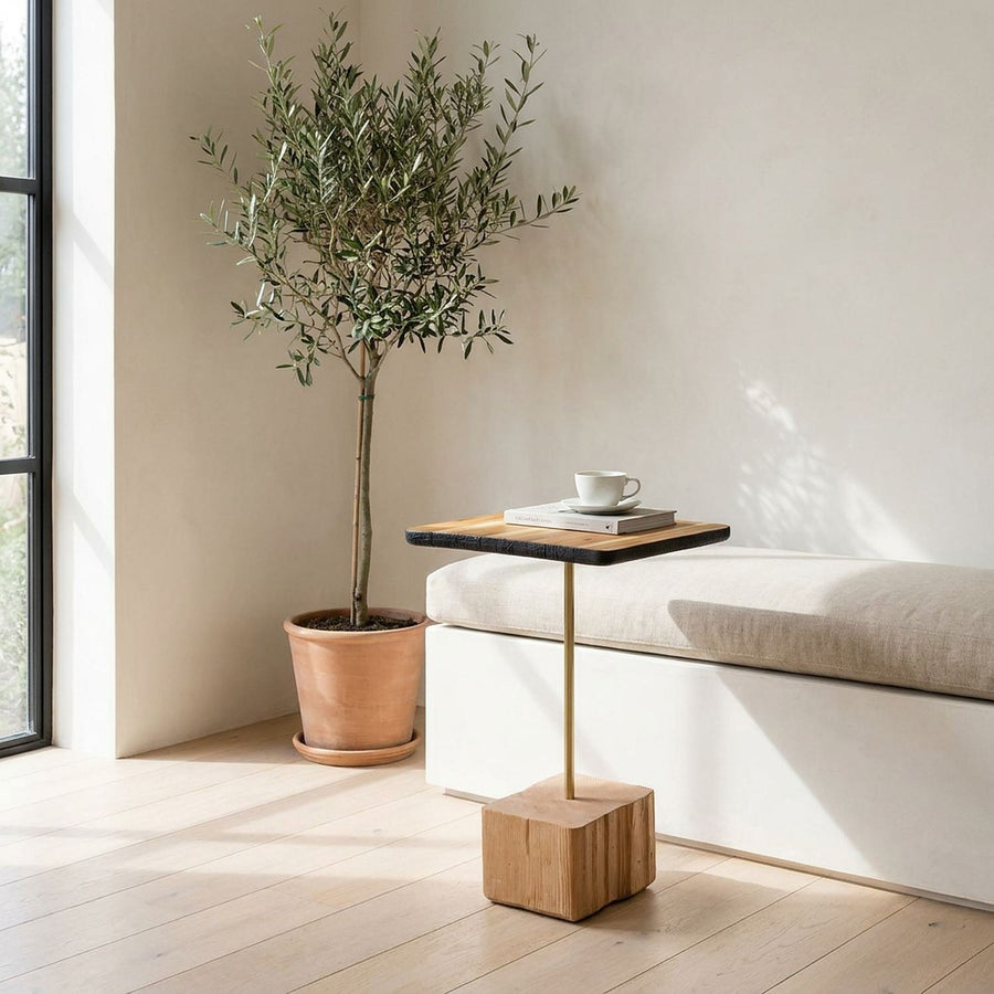 Pedestal Side Table, Torched Reclaimed Wood and Brass Stem