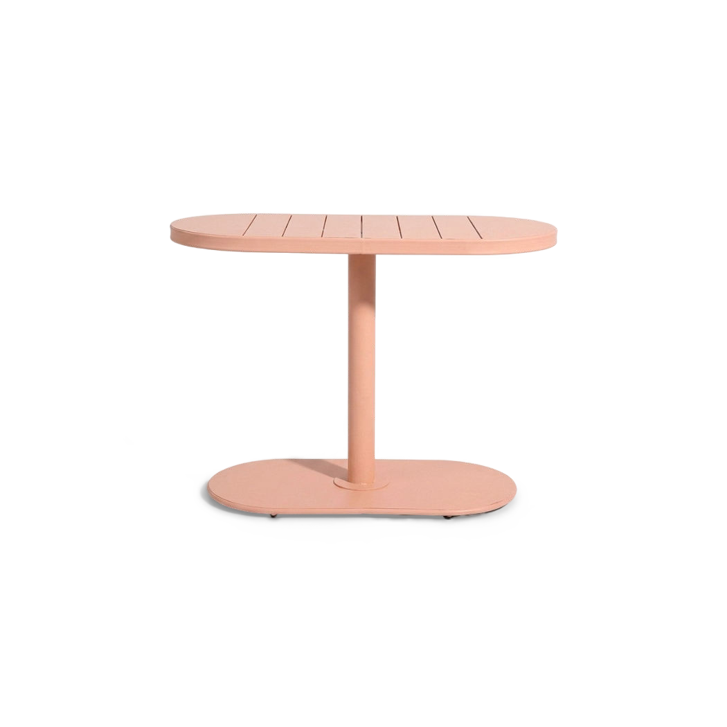 Pink oval slatted table on a single column and oval foot, front view (plain studio)