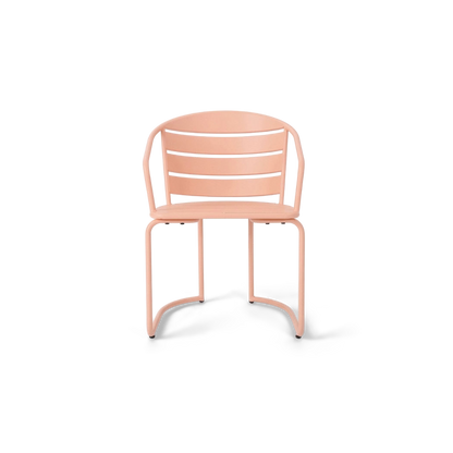 Pink slatted armchair with curved arms and curved tube legs, front view (plain studio)
