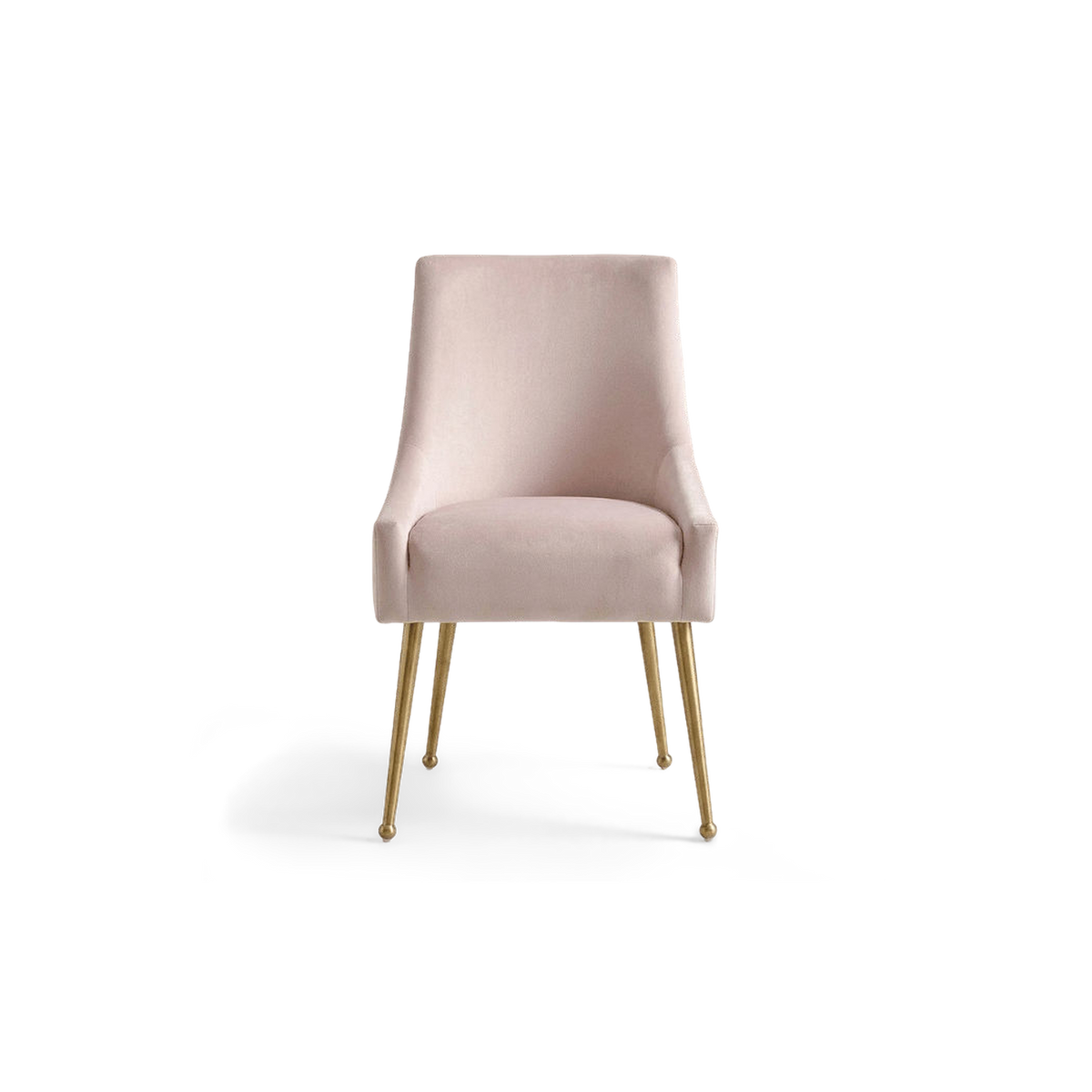 Pink Velvet Dining Chair With Gold Legs and Sloped Arms