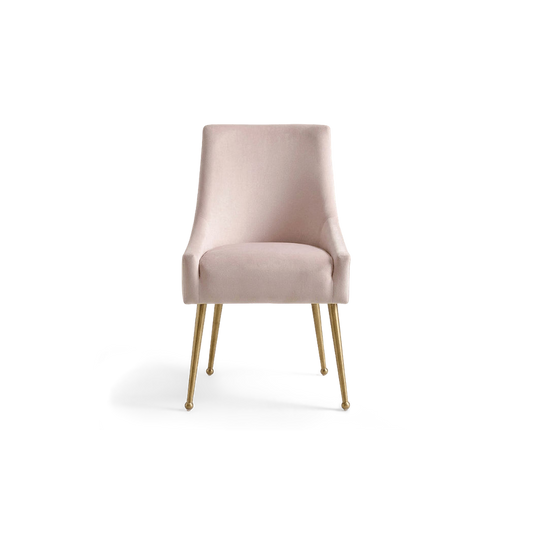 Pink velvet dining chair with brushed gold legs, front view (plain studio)
