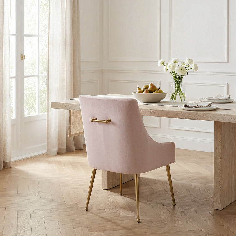 Pink Velvet Dining Chair With Gold Legs and Sloped Arms