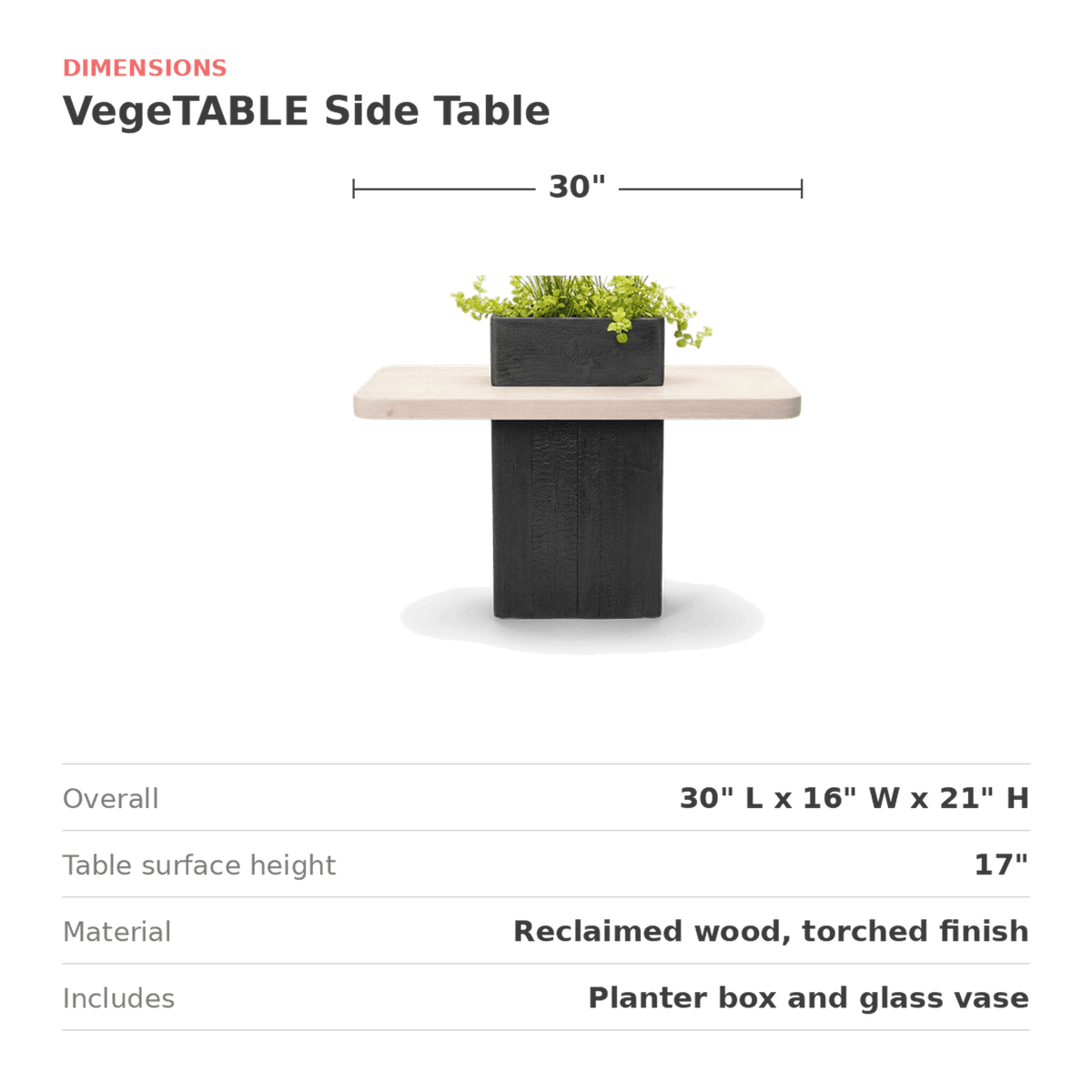 Planter side table size: 30 in. L x 16 in. W x 21 in. H (dimensions)