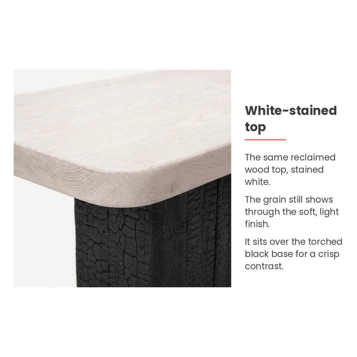 White-stained reclaimed wood top over the torched black base (feature callout)