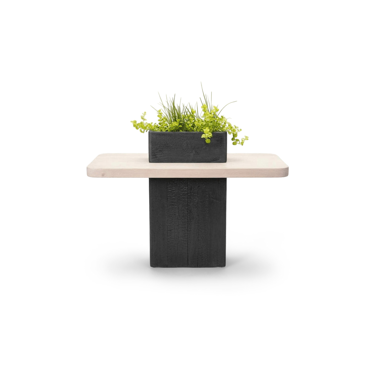 Planter side table with white-stained reclaimed wood top, torched black base and glass vase planter (plain studio)
