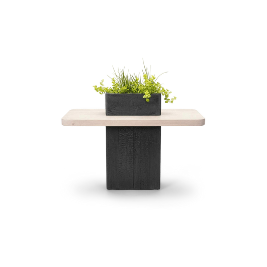 Planter side table with white-stained reclaimed wood top, torched black base and glass vase planter (plain studio)