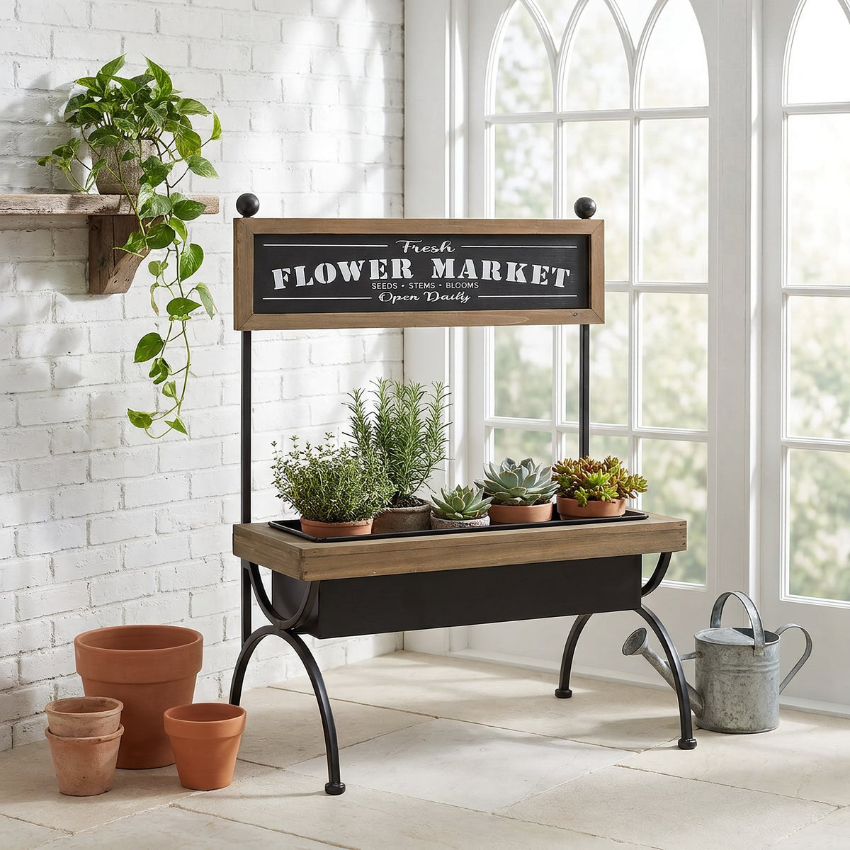 Flower market stand with potted herbs and succulents in a bright conservatory by an arched window, with terracotta pots and a watering can