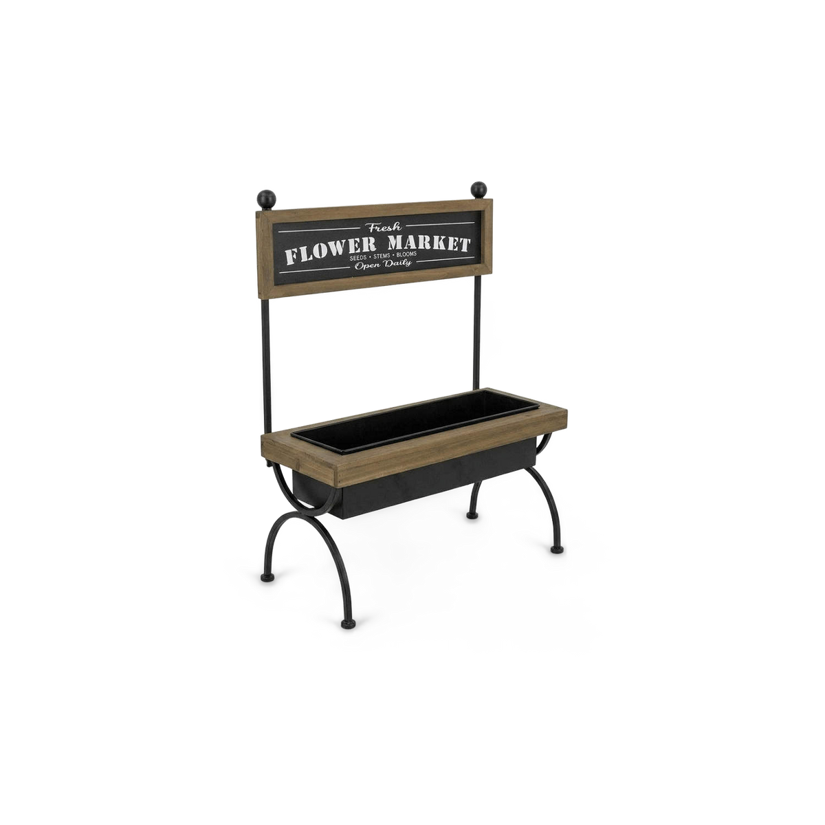 Rustic flower market planter stand with a black iron frame and wood tray, three-quarter view (plain studio)