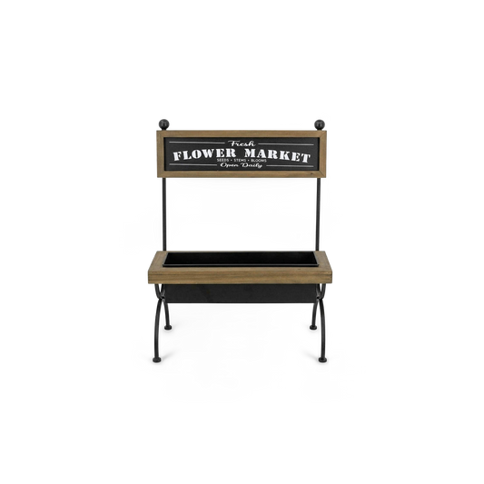 Rustic flower market planter stand with a black iron frame and wood tray, front view (plain studio)
