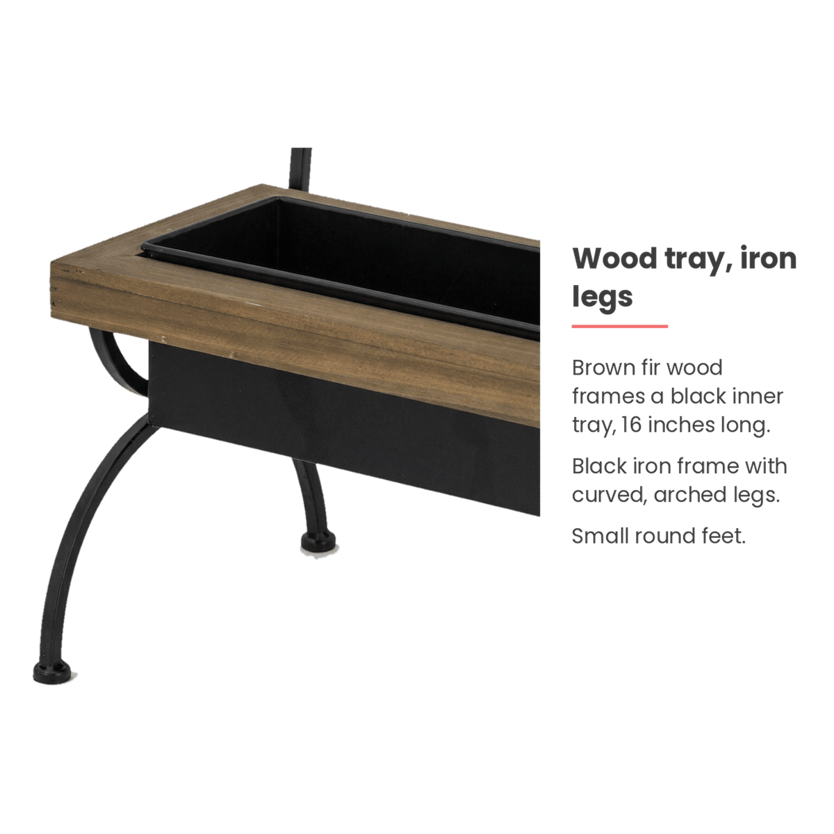Wood tray and iron legs spec card for the flower market stand (feature callout)