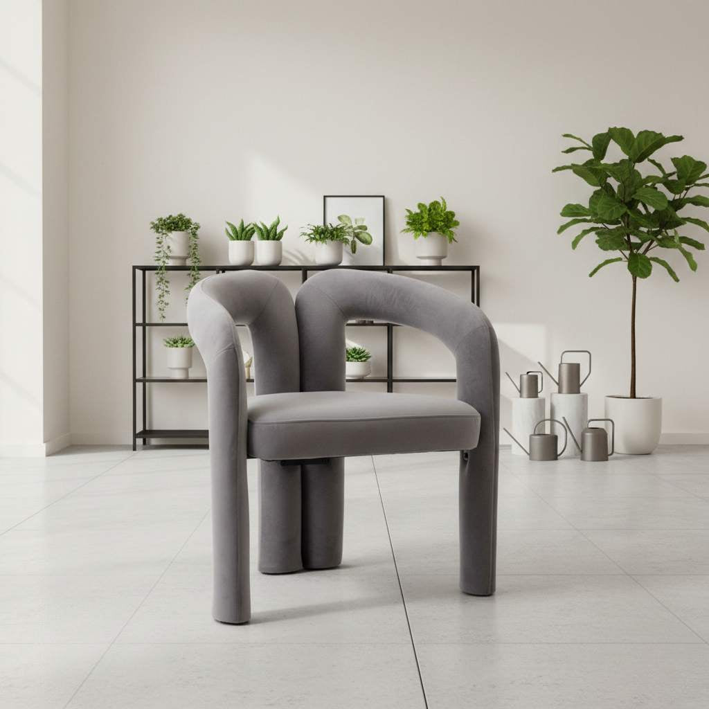 Gray velvet dining armchair with curved back in a bright minimalist dining room.