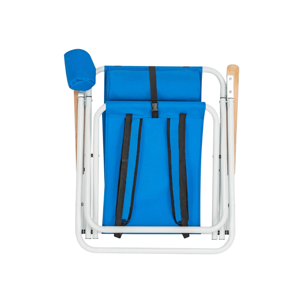 Blue portable high-strength beach chair with adjustable headrest and foldable frame.