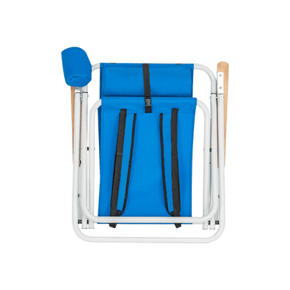 Blue portable high-strength beach chair with adjustable headrest and foldable frame.