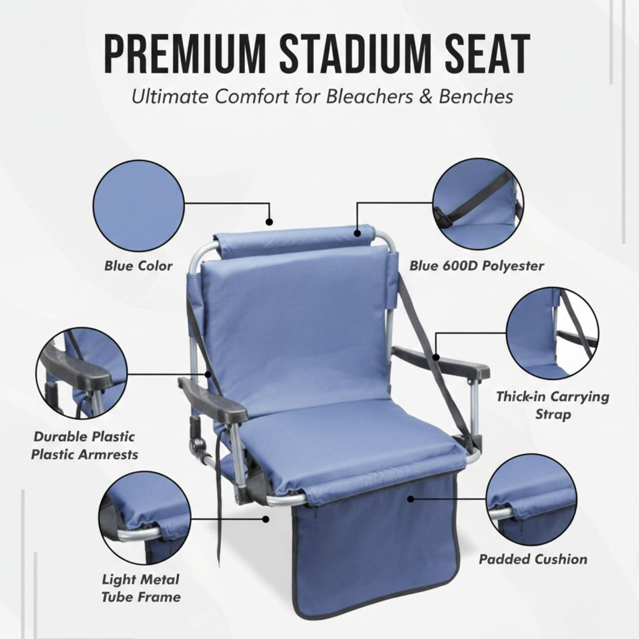 Portable blue bleacher chair with a shoulder carry strap and folding armrests; high-density foam padding and backrest for long-game comfort.
