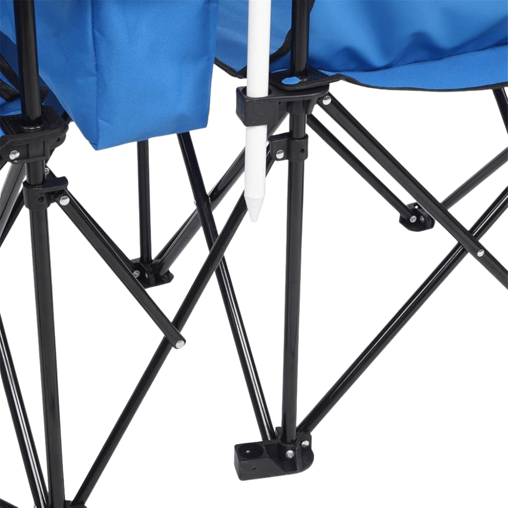 Portable sideline chair for two people with a central umbrella for UV protection; includes a center storage console and sturdy steel frame.