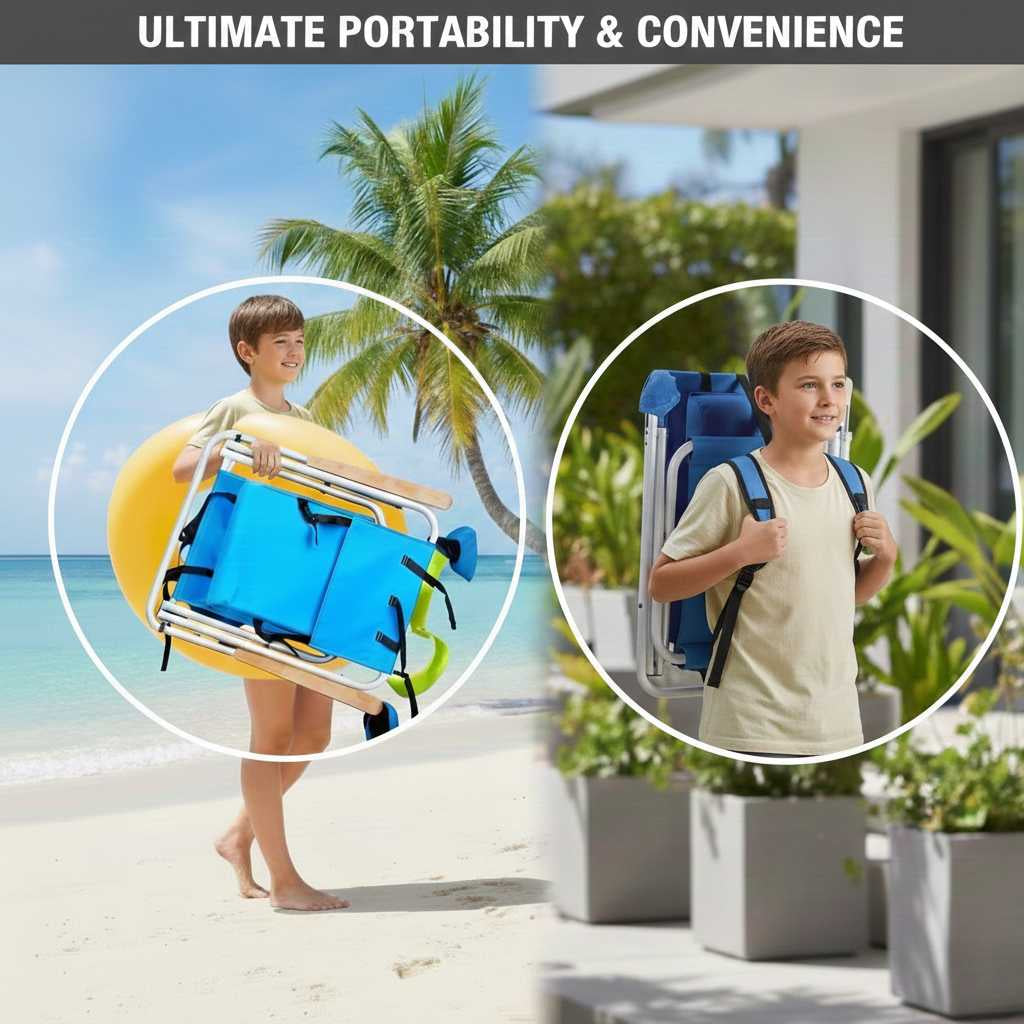 Sleek white iron frame portable lounge chair with high-tension blue fabric and comfort headrest; versatile seating for poolsides and sun-decks.