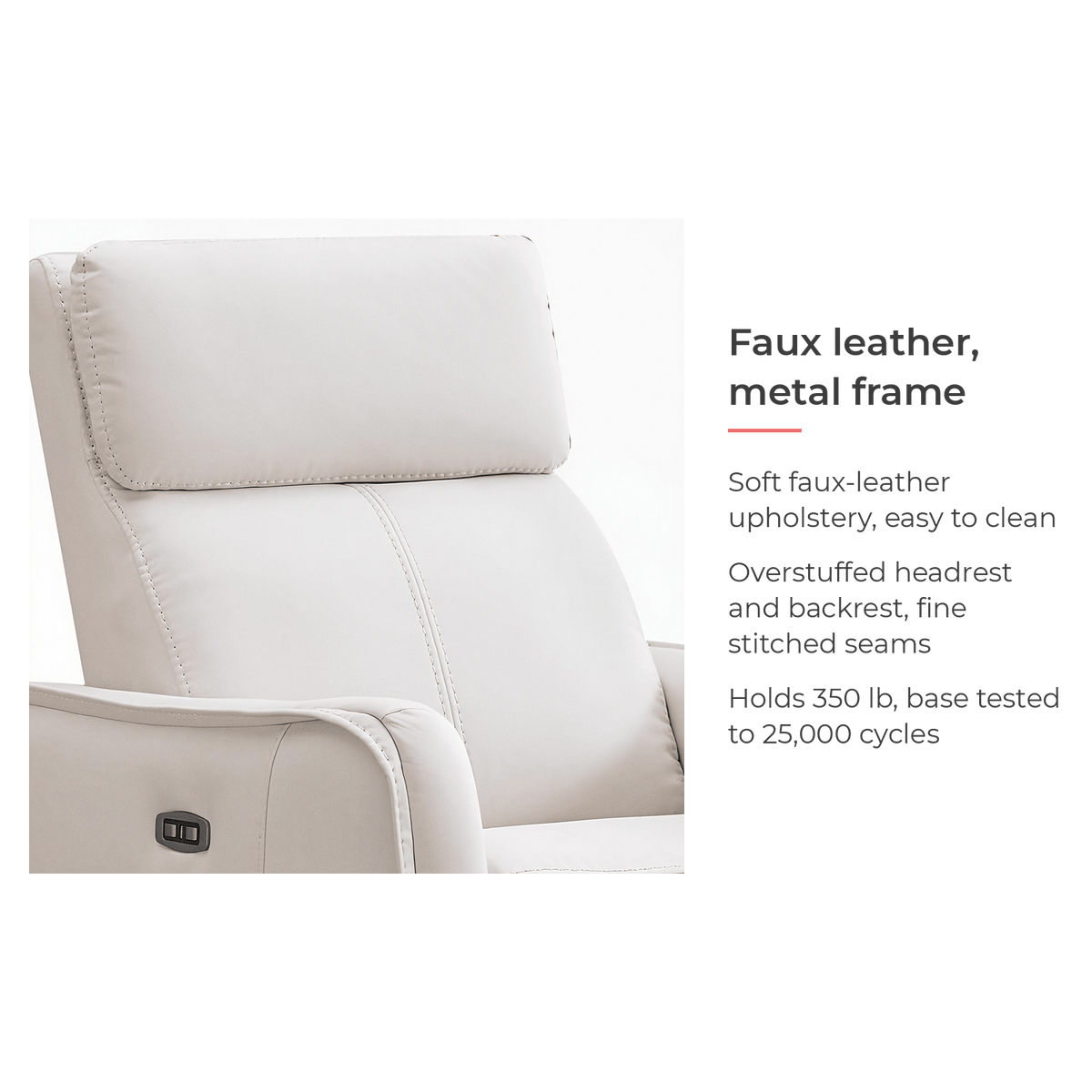 Faux leather and metal frame feature card for the cream swivel glider recliner (feature callout)