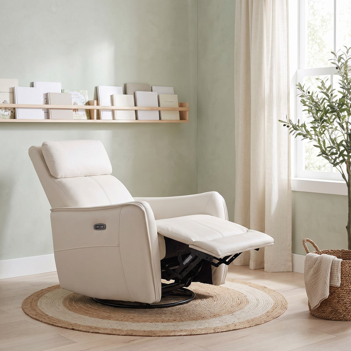 Same cream recliner reclined with the footrest raised in the sage green nursery corner beside a window