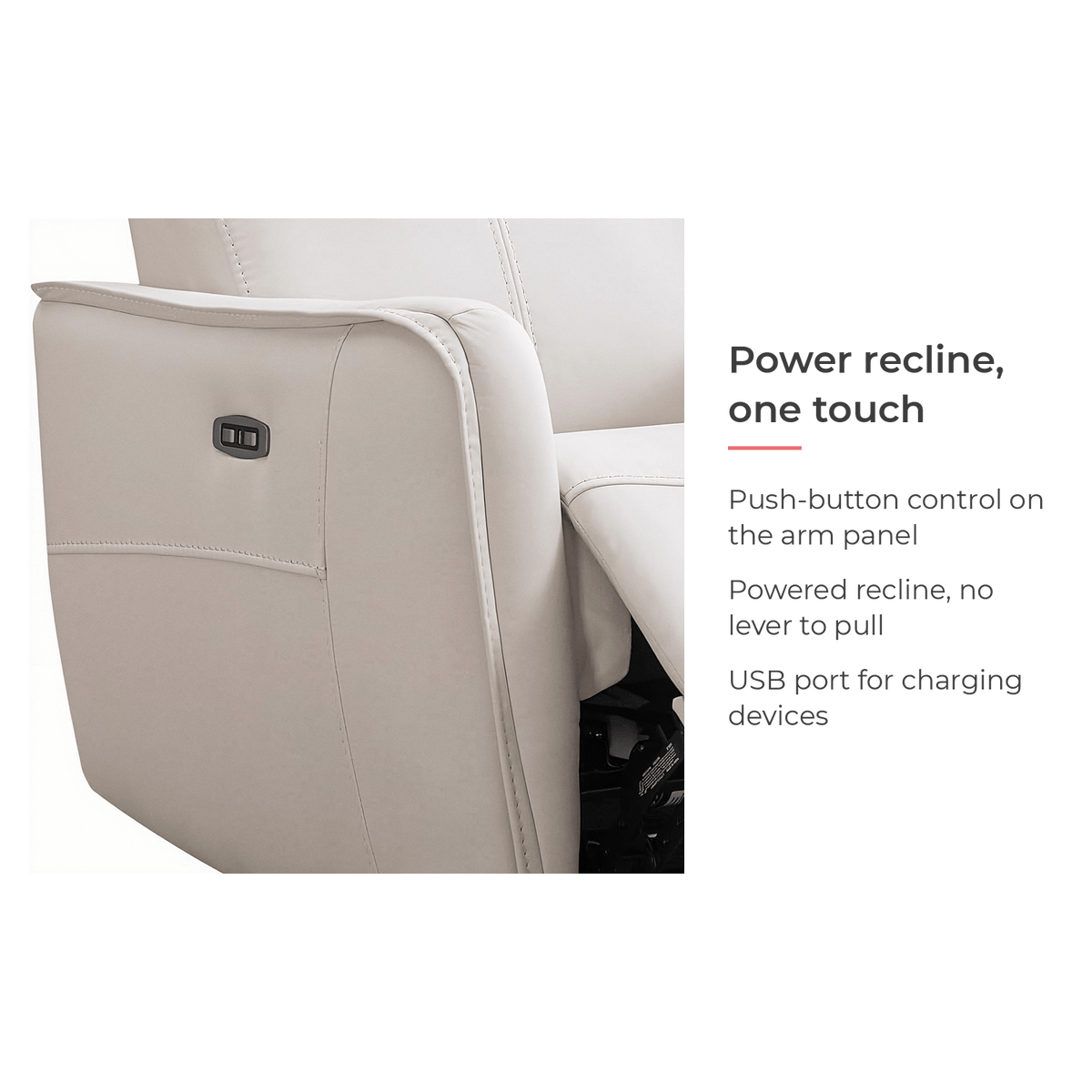Power recline feature card for the cream swivel glider recliner (feature callout)