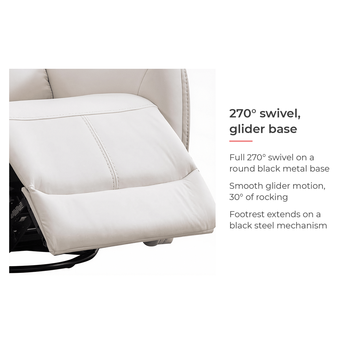 Footrest and swivel base feature card: 270 degree swivel, glider base, steel mechanism (feature callout)
