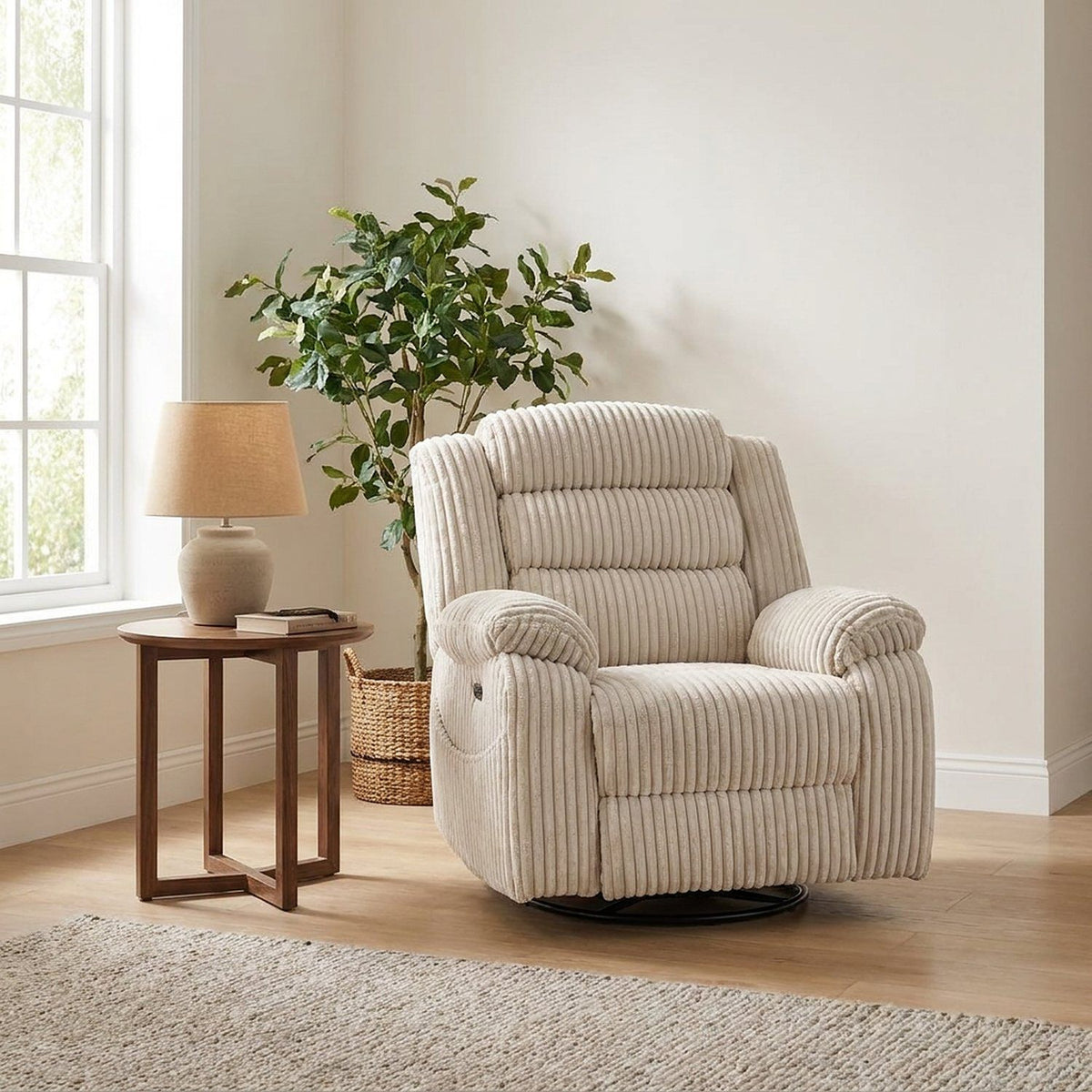 Power swivel rocker recliner in a living room, cream corduroy