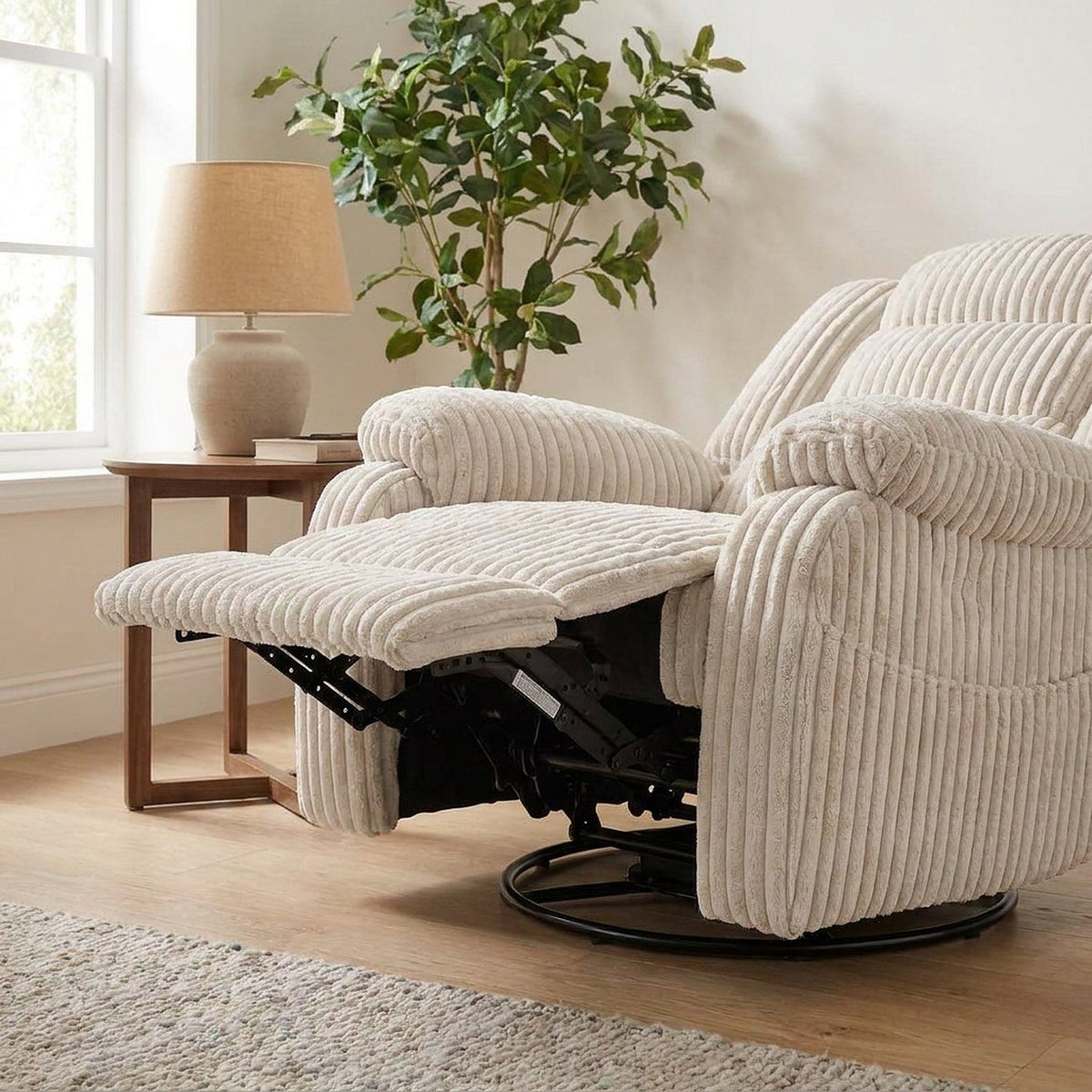 Power swivel rocker recliner in a living room reading corner