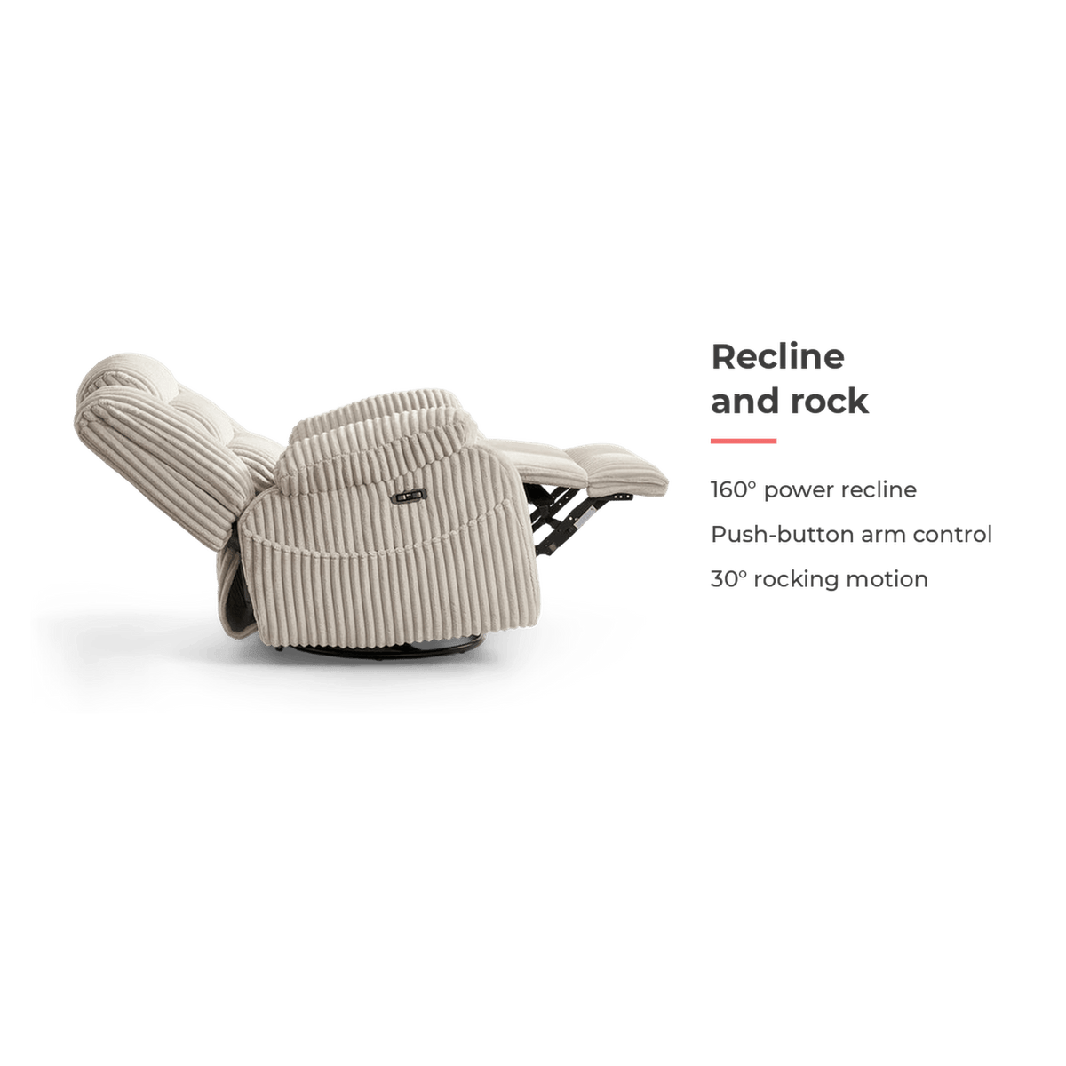 Recline and rock: 160° power recline, push-button arm control, 30° rocking motion (feature callout)