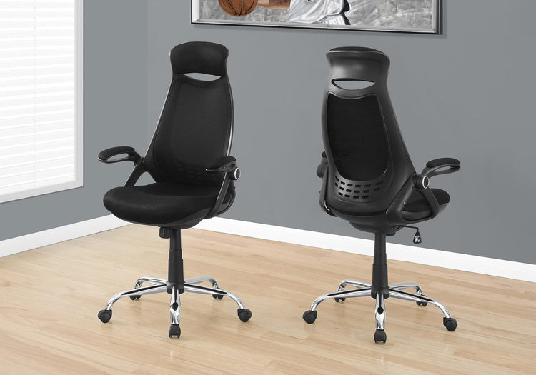 premium black foam office chairs with durable metal frames and chrome bases in a modern home office.