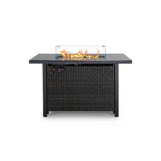 Propane fire pit table with lid, black rattan base and glass top, front view