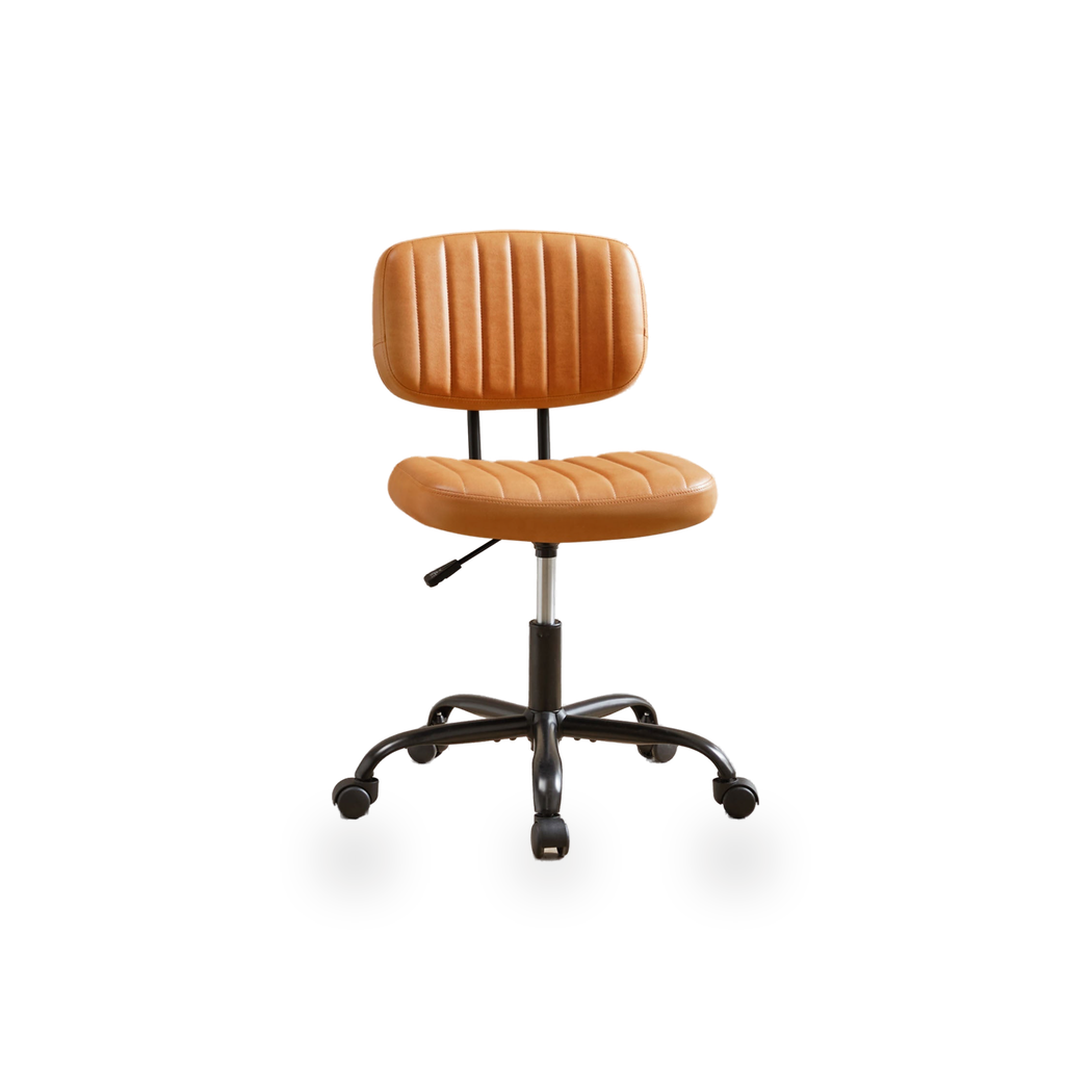 PU leather low-back task chair with cushioned seat on a #f3f3f3 studio background (plain studio)