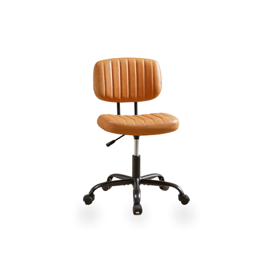Tan PU leather low-back task chair with ribbed cushioned seat and caster base, front view (plain studio)