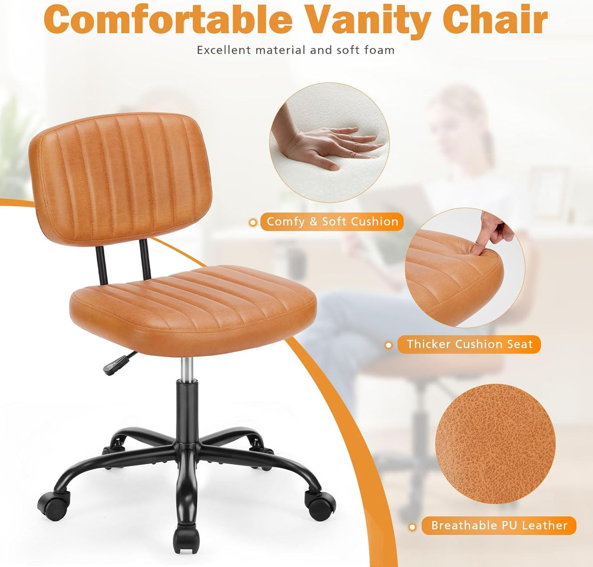 PU Leather Low Back Task Chair with cushioned seat in orange, breathable vertical-stitch uphols (feature callout)