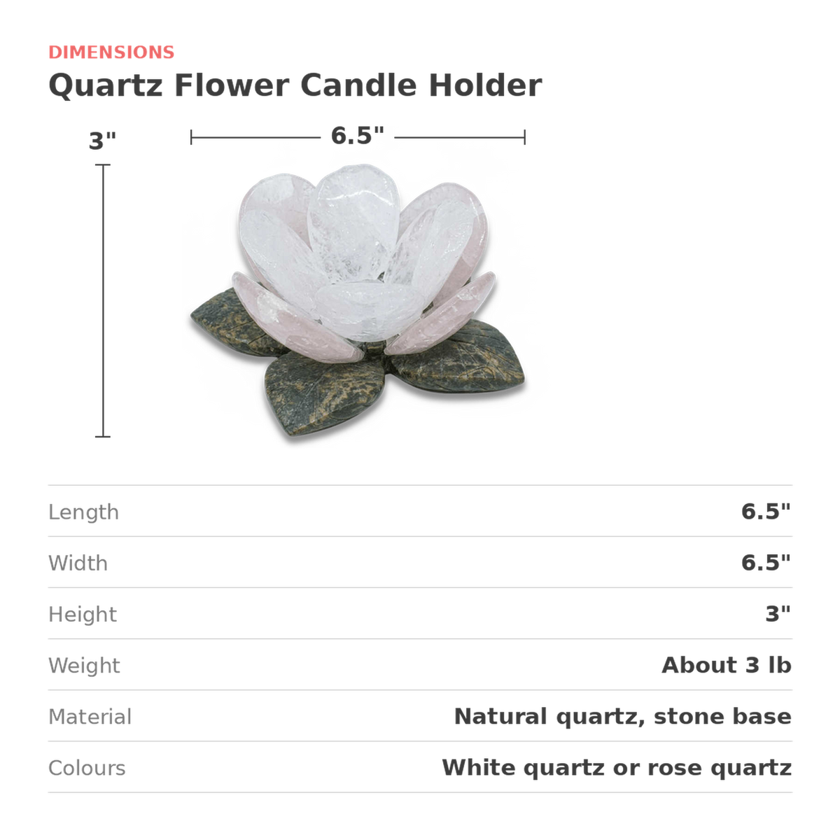Carved Quartz Flower Candle Holder dimensions card, 6.5 by 6.5 by 3 inches