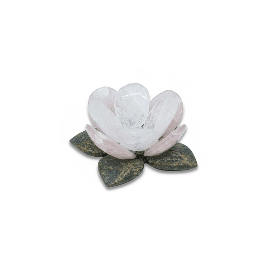 Carved Quartz Flower Candle Holder, White or Rose Quartz, straight front view on transparent background (plain studio)