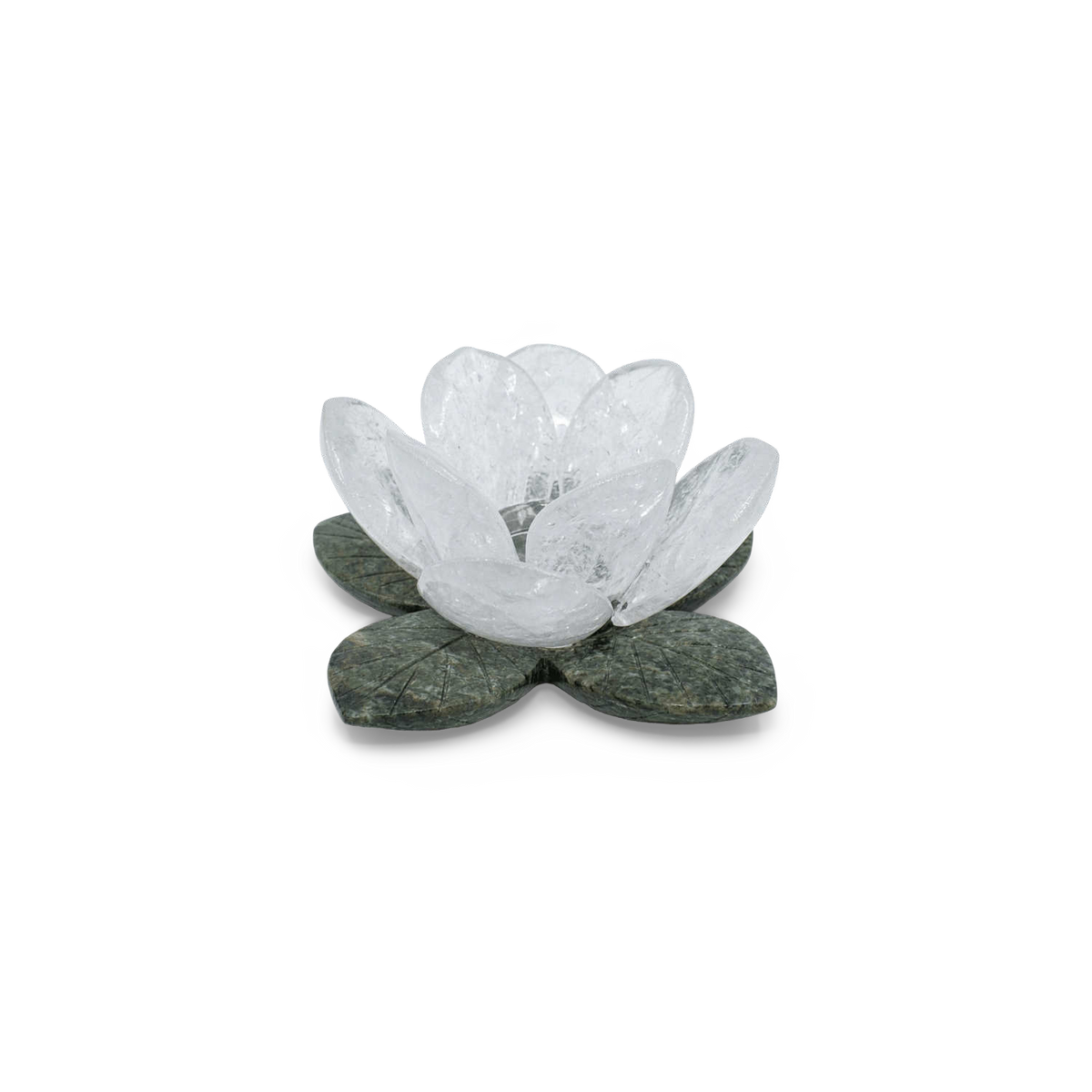 Carved Quartz Flower Candle Holder, White or Rose Quartz, angled view on transparent background (plain studio)