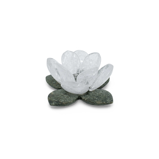 Carved Quartz Flower Candle Holder, White or Rose Quartz, angled view on transparent background (plain studio)