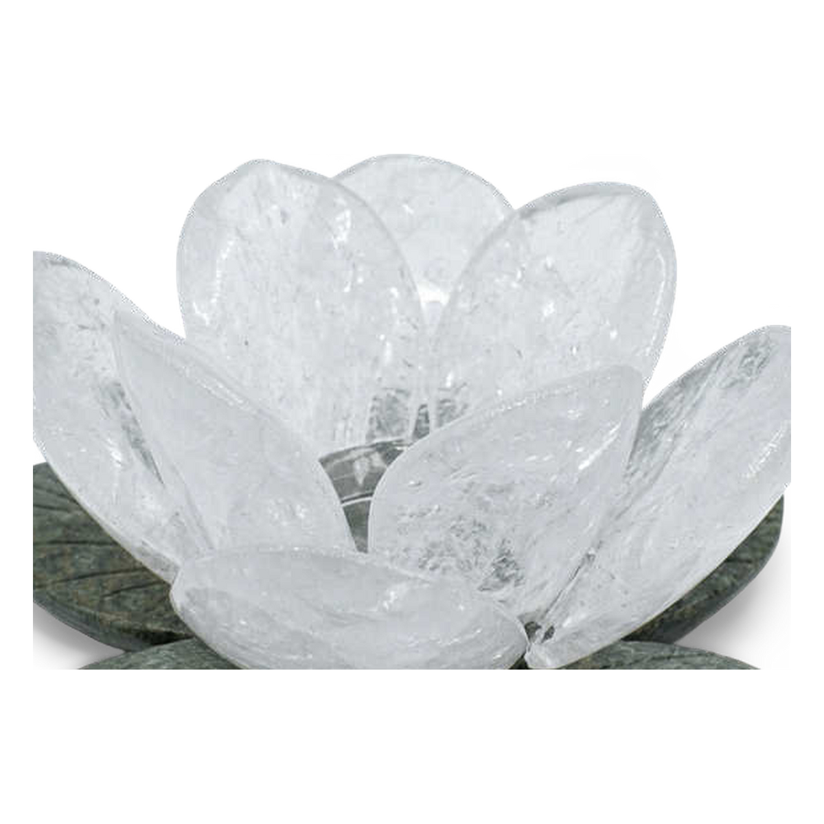 Carved white quartz petals with internal fractures (close-up detail, transparent)