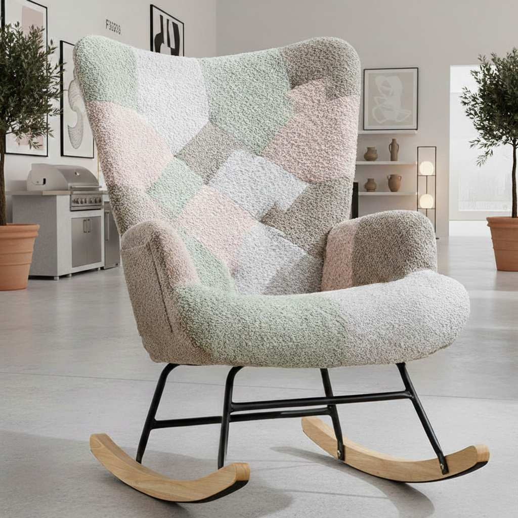 Macaron Patchwork Swivel Rocker outdoor chair in pastel patchwork fabric with wooden rockers