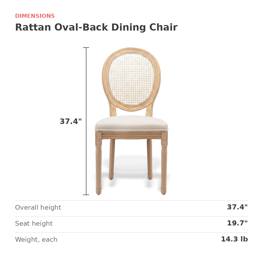 Dimensions of the rattan oval-back dining chair: 37.4 in. high, 19.7 in. seat height