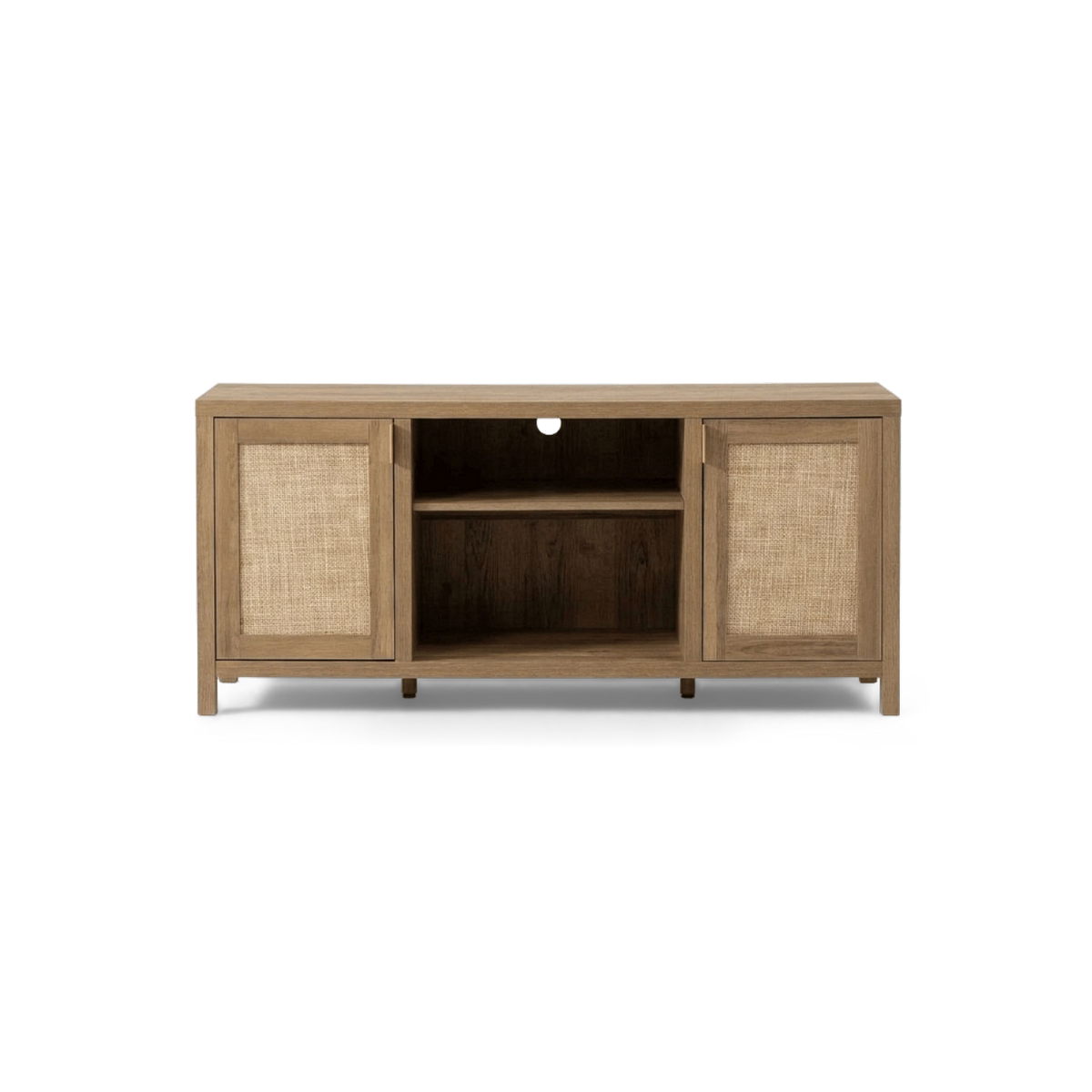Rattan TV stand for 65 inch TVs in oak finish with two woven doors and an open centre shelf, front view (plain studio)