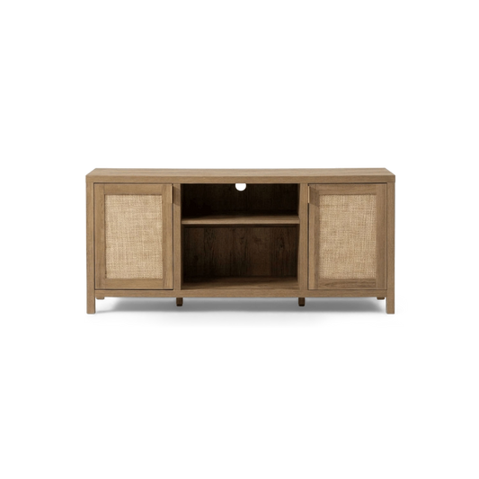 Rattan TV stand for 65 inch TVs in oak finish with two woven doors and an open centre shelf, front view (plain studio)