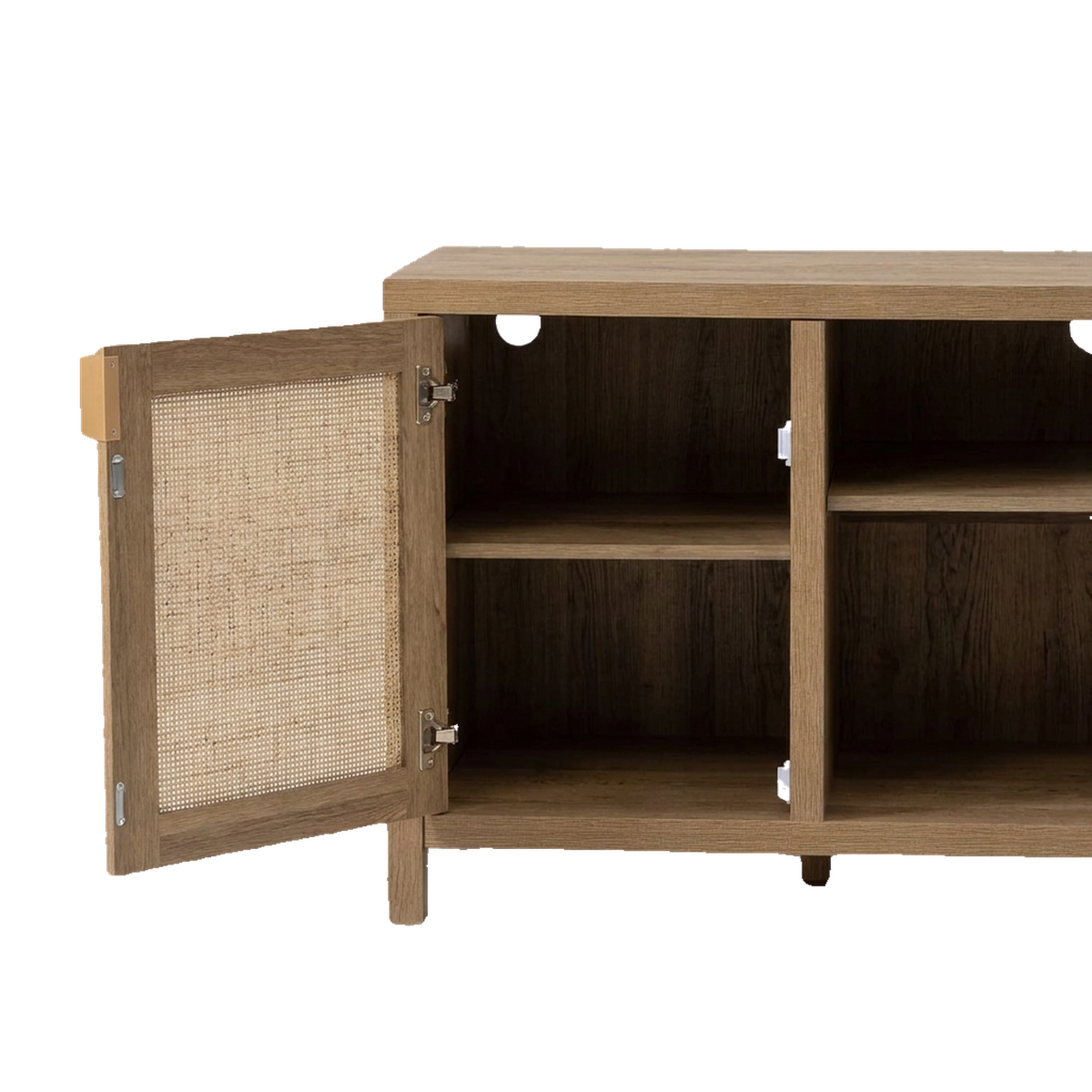 Open cabinet with its rattan-weave door swung wide, adjustable shelf and soft-close hinges (close-up detail)