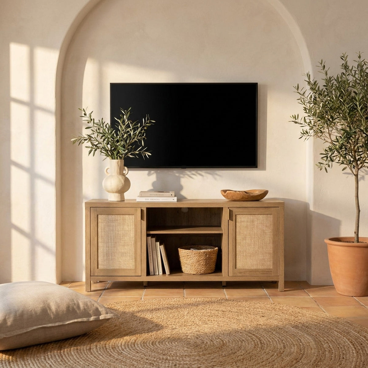 Oak media stand with woven doors in a warm Mediterranean living room, limewash alcove, terracotta tiles and an olive tree
