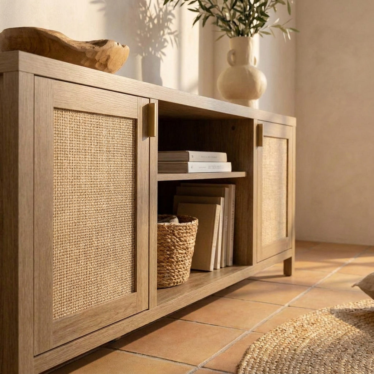 Close, low view of the stand's rattan doors and open centre bay in the same sunlit Mediterranean living room
