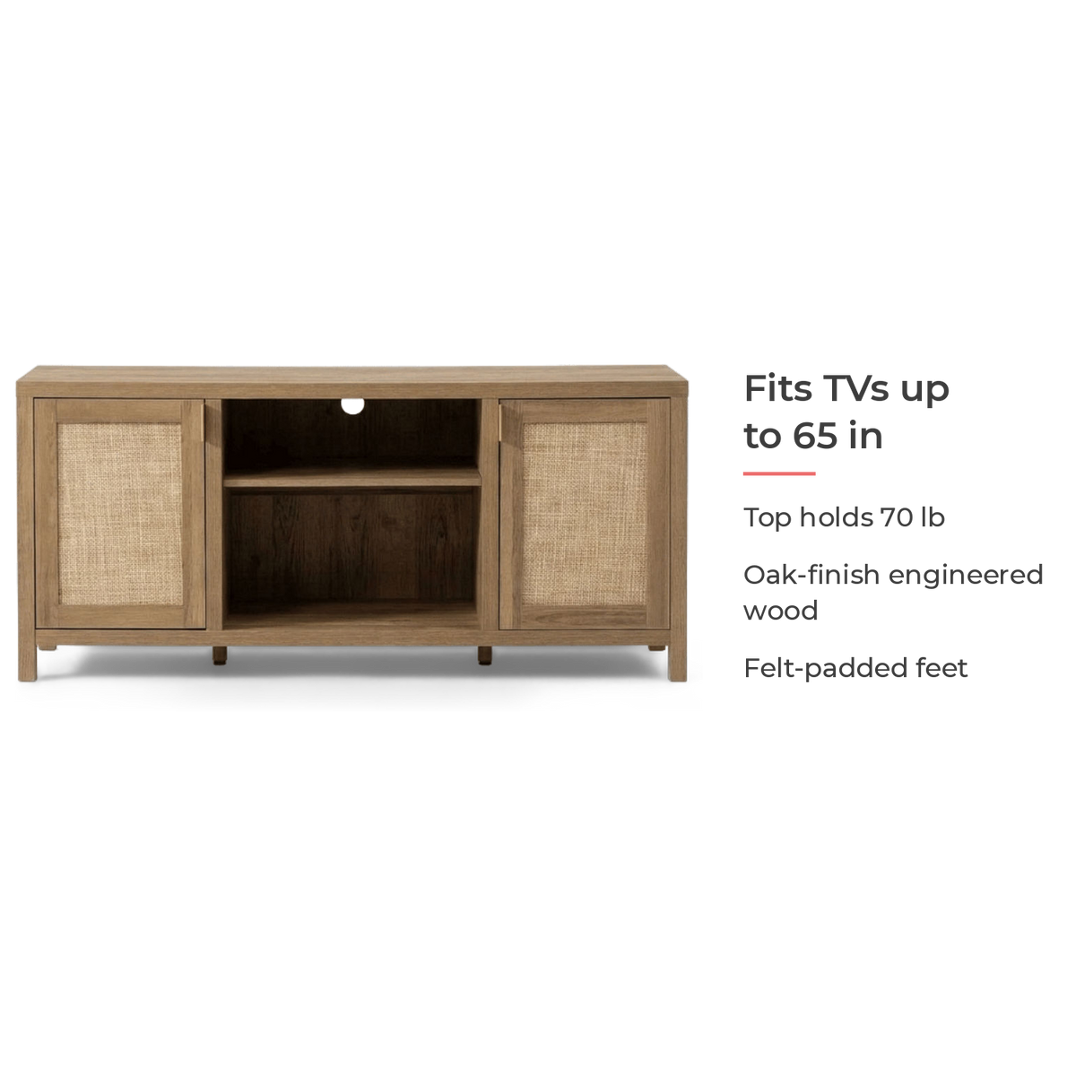 Fits TVs up to 65 in card for the TV stand (feature callout)